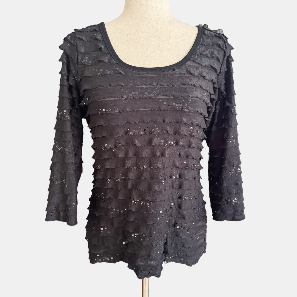 Slinky Brand Black Tiered Ruffle Sequin Top 3/4 Sleeve‎ Y2K Vintage Blouse Small